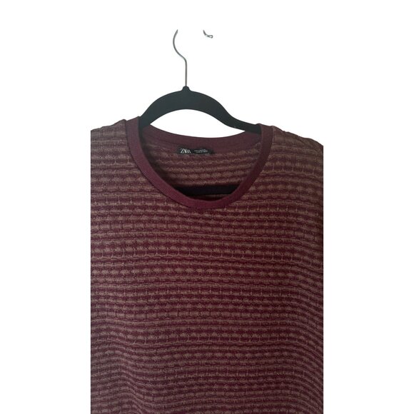 2/$30 Zara Large Burgundy Womens Striped Short Sleeve Polyester & Cotton - Picture 5 of 12